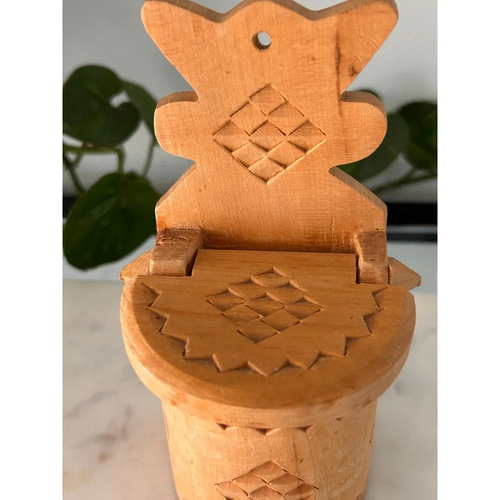 Vintage Milenium Krakow Polish Folk Art Carved Wood Salt Cellar Solniczka 1984